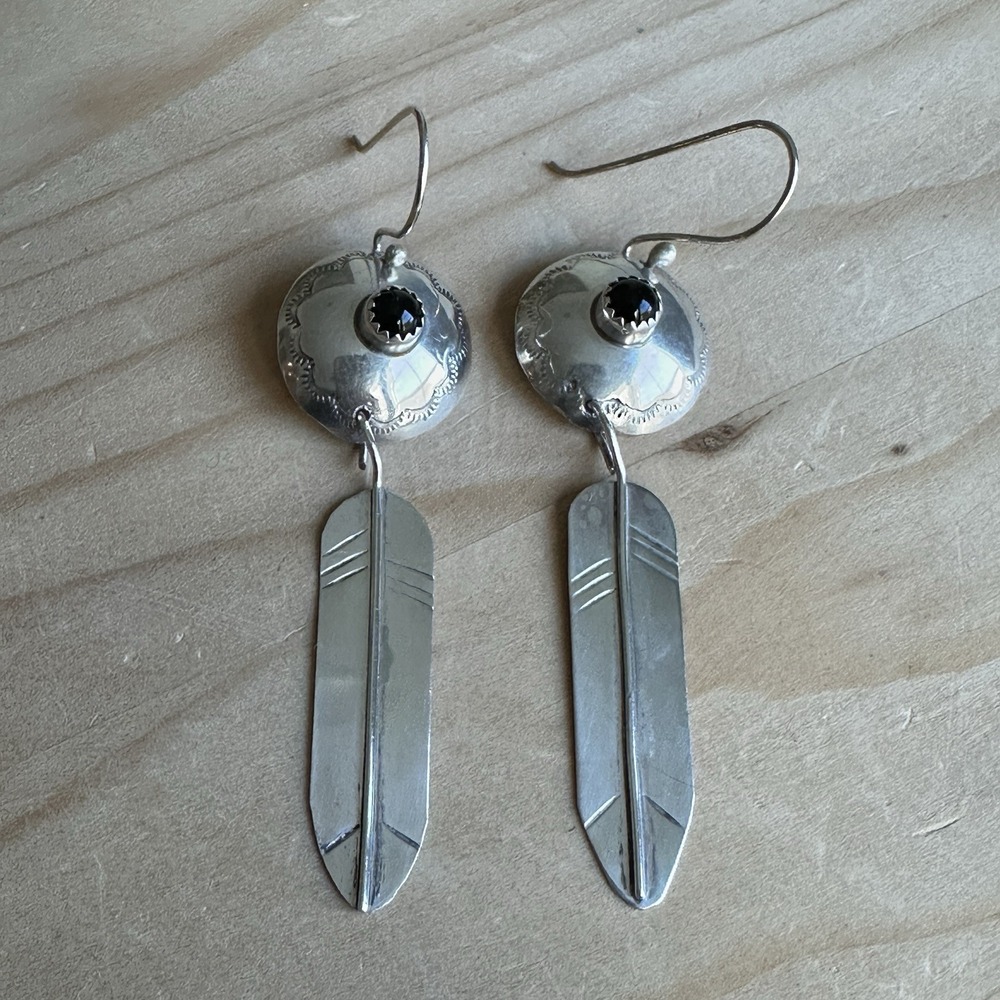 VTG Navajo Concho Feather Hook Dangle Earrings 3 Inch Black Onxy Sterling 6.8g